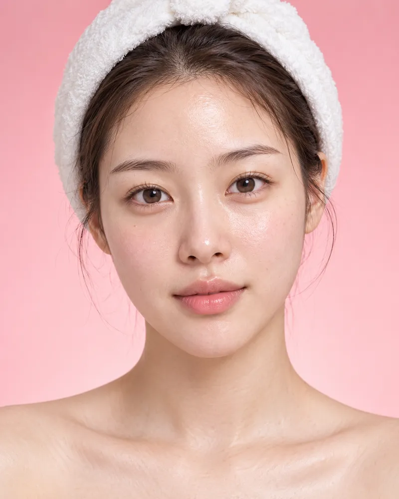 A freshly washed bare face with a towel headband