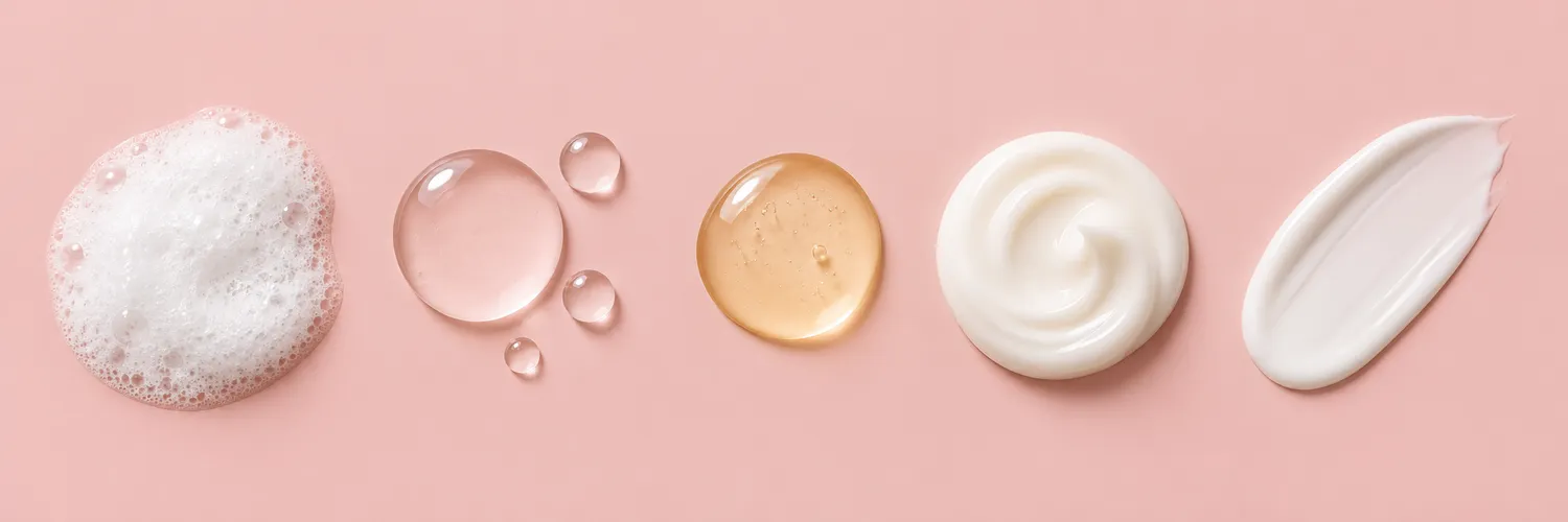 Five skincare textures in order: foam cleanser, watery toner, serum drop, cream, sunscreen