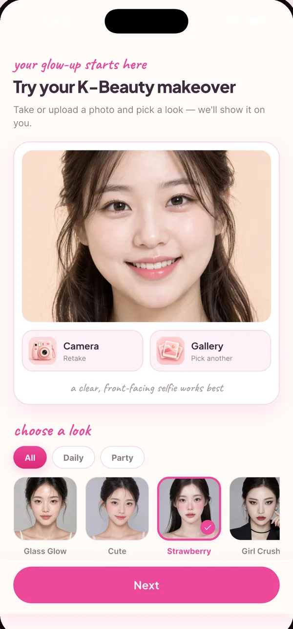 Try your K-Beauty makeover screen: upload a photo and choose a look such as Glass Glow, Cute, Strawberry or Girl Crush