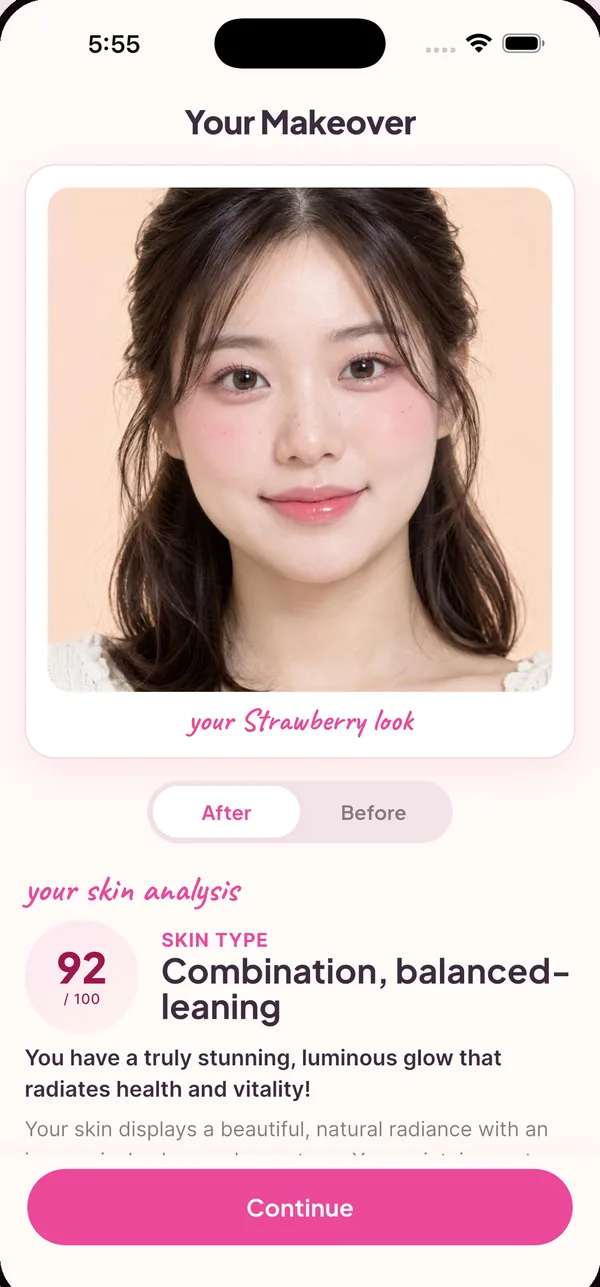 Your Makeover screen showing the Strawberry look on the selfie, with after and before