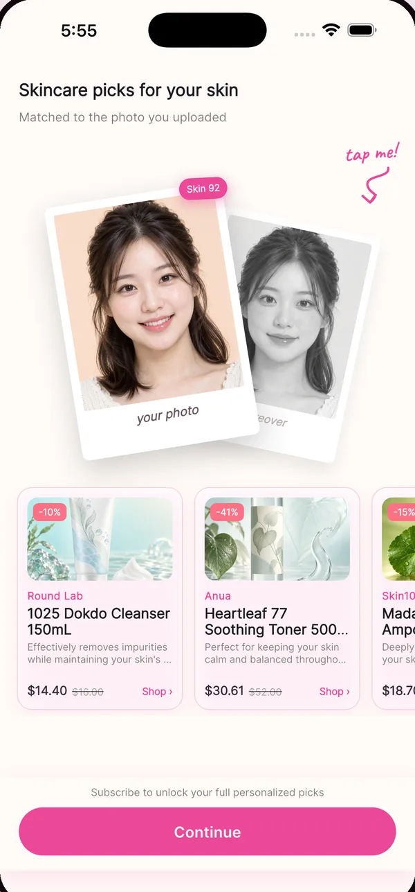 Skincare picks matched to the uploaded photo, with Olive Young products